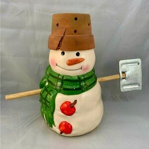 Collectible Hallmark Mitford Snowman Tealight Candle Holder w/Clay Pot & Shovel.